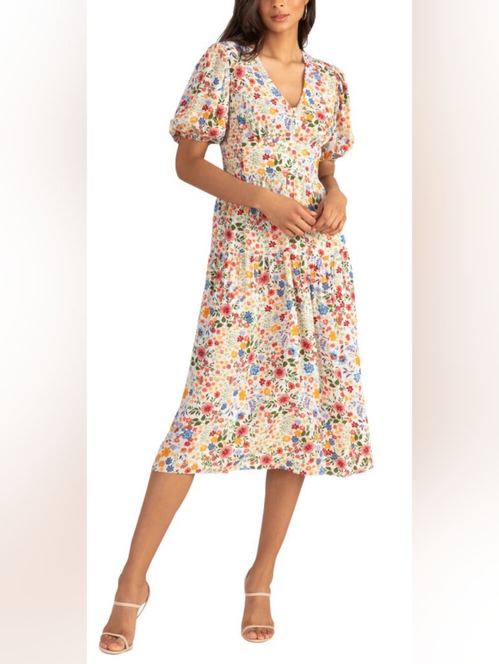 Shoshanna Floral Print Vina Midi Dress, Size 4, Short Puff Sleeves, V-neck
